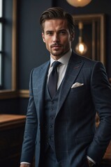 A sophisticated man in a tailored suit gazes thoughtfully while standing in an elegant, dimly lit room during the evening.