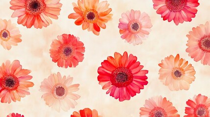 Simple watercolor gerberas in soft pinks and oranges, floating on a light beige background, seamless pattern