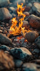 Dancing Flames of a Campfire Surrounded by Rocks
