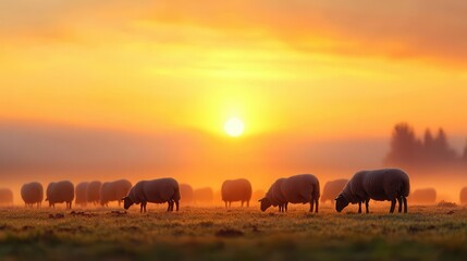 Obraz premium Herd of sheep grazing in a misty field at dawn, livestock farming, peaceful countryside life