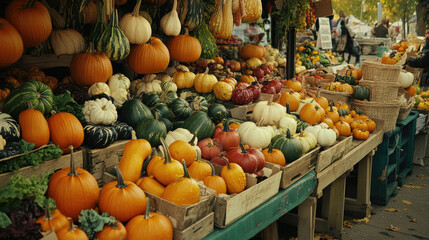 A colorful autumn market stall with pumpkins of various sizes and shapes displayed alongside seasonal vegetables like squash and gourds.