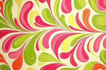 Abstract Painting with Swirling Shapes in Green, Yellow, Pink, and Orange
