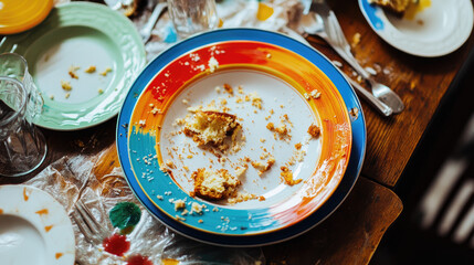 A colorful dessert plate with leftover cake crumbs, dirty and untouched, placed on a messy kitchen table filled with other used dishes and glasses.