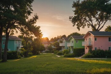 Pastel-colored townhouses nestled in a serene neighborhood at sunset with lush greenery surrounding the area.