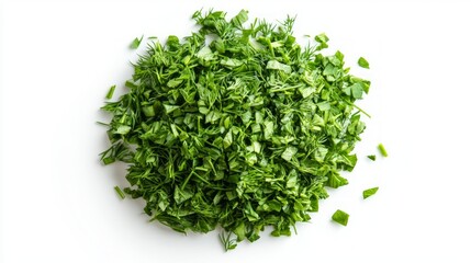 Obraz premium A pile of finely chopped green herbs, such as parsley or dill, isolated on a white background.