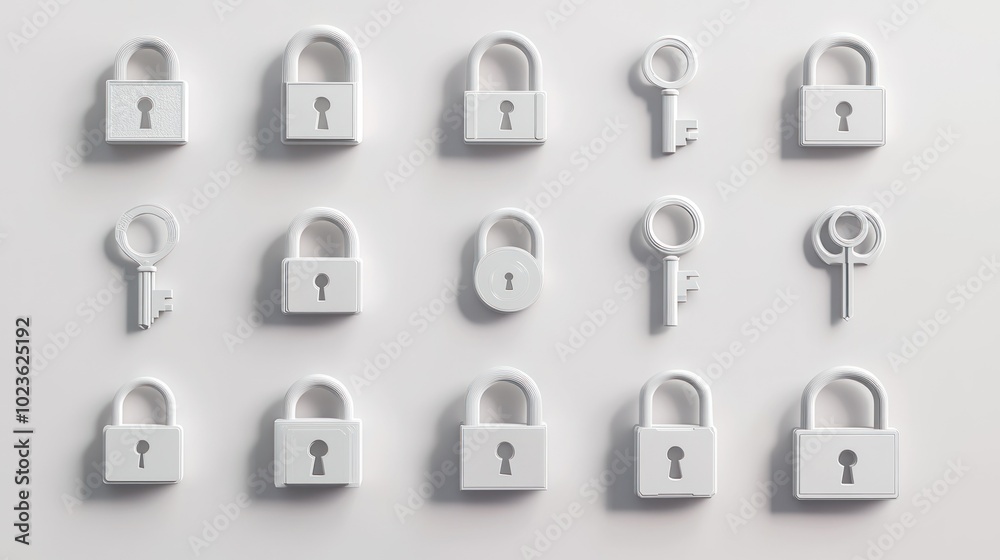Poster White Padlocks and Keys Arranged in Rows on a White Background