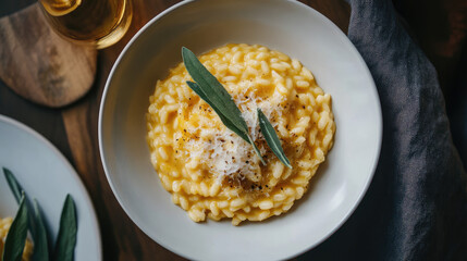 A creamy pumpkin risotto served in a white bowl, garnished with Parmesan and fresh sage, making for a hearty, fall-inspired meal.