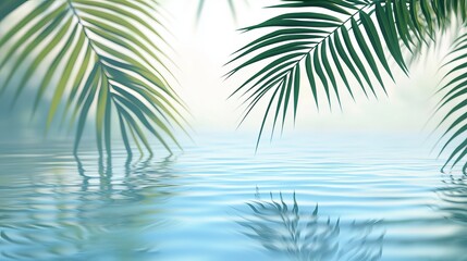 Tropical palm leaves hanging over the water.