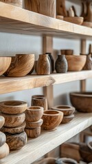 Handcrafted Wooden Shelves with Unique Artisan Bowls