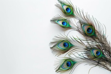 Obraz premium Exotic peacock feathers on white background with copy space.