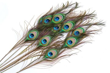 Fototapeta premium Exotic peacock feathers on white background with copy space.