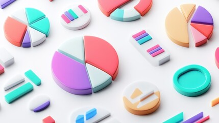 Colorful 3D Pie Charts and Bar Graphs on White Background