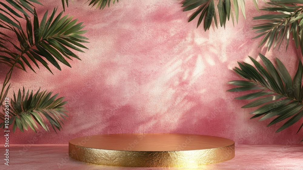Aufkleber 3d rendering of a pink and gold platform adorned with tropical leaves in a contemporary style minima