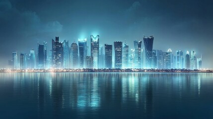 Fototapeta premium Mirror skyscrapers against the tranquil water