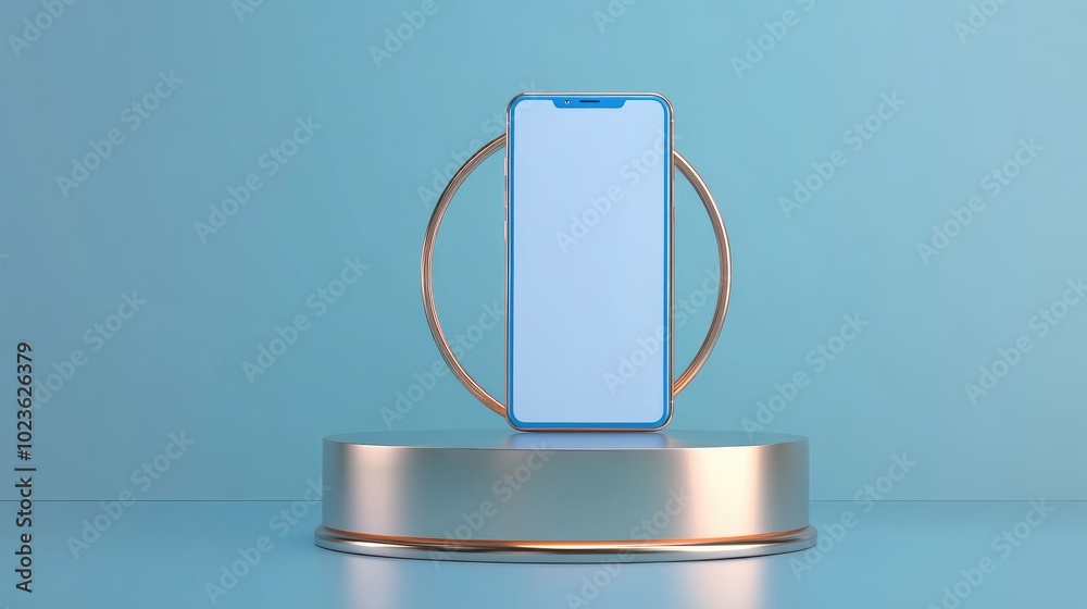 Poster blue smartphone displayed on a cylindrical podium featuring a gold border and copper circle against 
