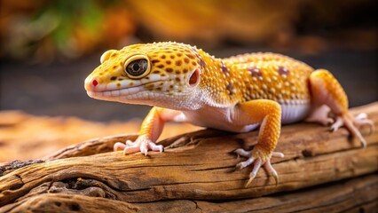 Fototapeta premium Leopard gecko on wood posing on black background