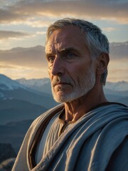 A wise and introspective ancient Roman philosopher gazes thoughtfully at the mountains during twilight, contemplating life's mysteries.