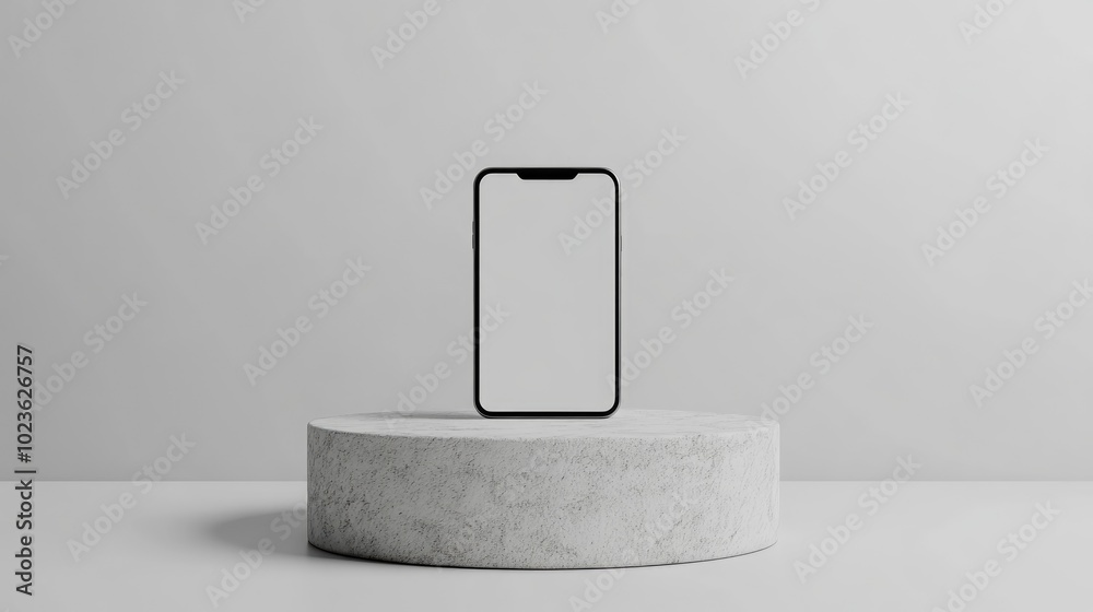 Poster 3D rendering of a smartphone with a blank screen positioned on a round white stone pedestal displayed flat against a minimalistic white backdrop suitable for commercial advertising use