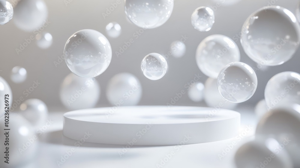 Poster Abstract 3D white cylinder pedestal featuring floating white spheres Ideal setting for product display and presentation Futuristic silver minimalist environment Modern studio backdrop