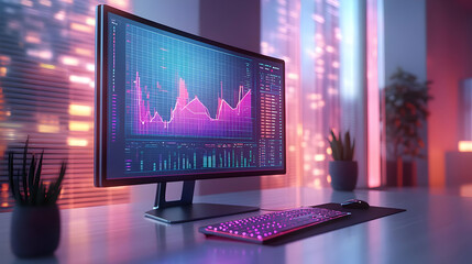 3D Desktop Monitor Displaying Holographic Business Charts & Graphs � Innovative Workspace Concept with Copy Space for Trend Mastery