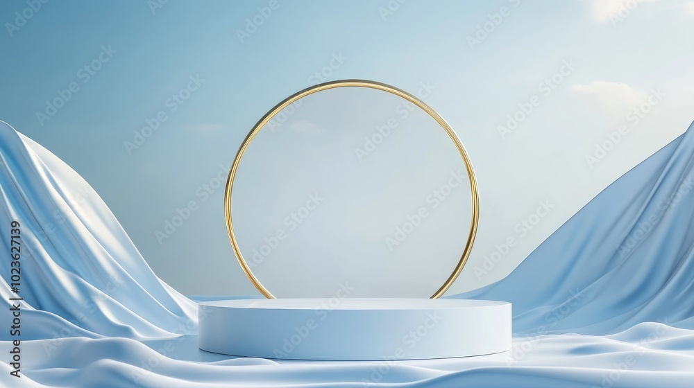 Poster bright sky blue 3d rendered minimal display featuring a circular podium with a gold line on wavy fab
