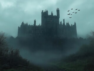 Naklejka premium a haunting silhouette of a spooky castle set against a foggy night sky, with bats flying overhead, creating an eerie atmosphere perfect for halloween and chilling stories