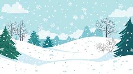 Cartoon Winter Snowy Landscape With Trees And Hills Snow On Branches Snowdrifts Cartoon Illustration Grassy Hills Blue Sky Green Pine Trees Wide Banner