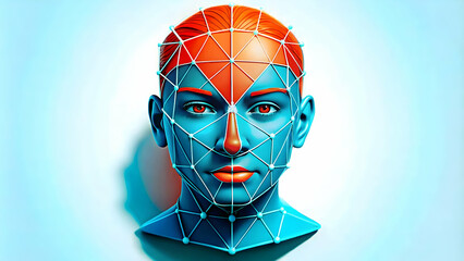 Close-Up of AI Facial Recognition Grid: Macro View Scanning Human Face, Showcasing Intricate Digital Lines in Identity Verification Under AI Connectivity, France