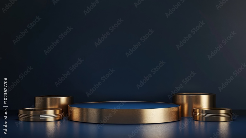 Poster brown cylindrical podium featuring various gold shapes against a dark blue background backdrop desig