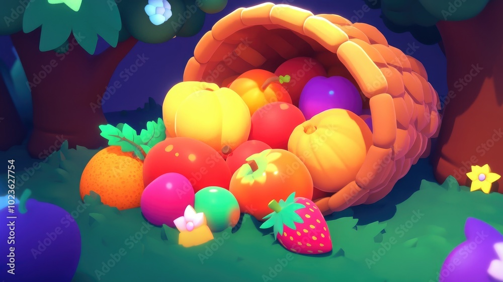 Poster close up of a cornucopia filled with an assortment of fruits and vegetables