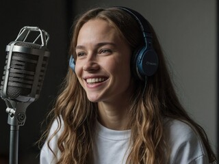 Young woman with long hair smiles while wearing headphones and a white top in a studio during a recording session.