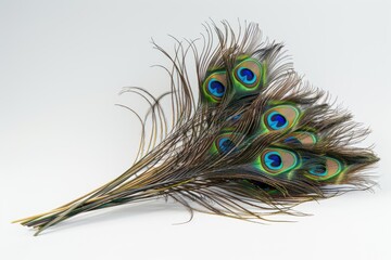 Obraz premium Clothing and home decoration. Peacock feathers on white background. Peacock feather
