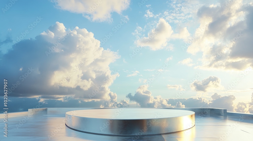 Poster 3D rendering of a metallic podium against a sky backdrop designed for display or promotional use 3D illustration
