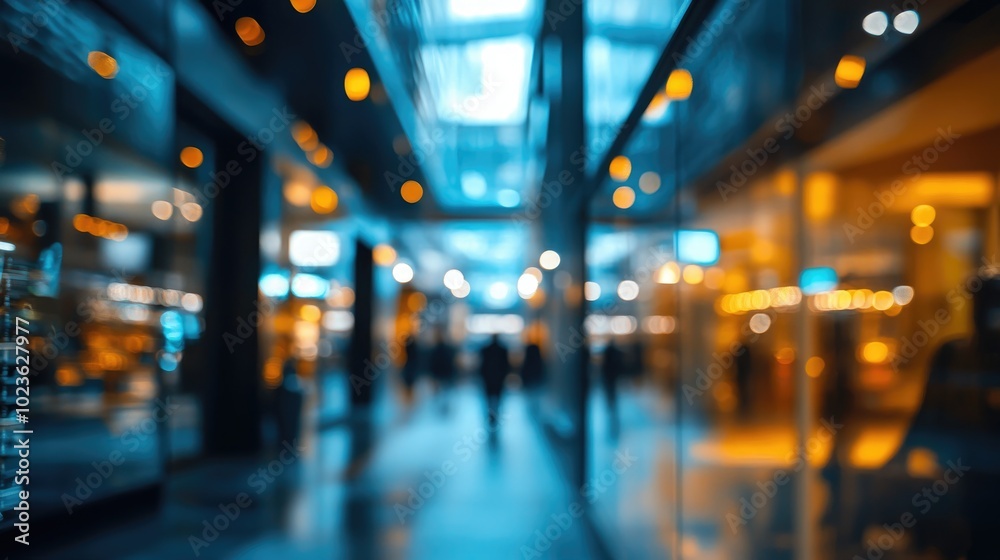 Poster Blurred View of a Street with Modern Architecture Sidewalks and Trendy Pedestrians Suitable as a Background Image Out of Focus Night Scene in an Urban Environment
