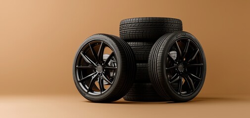 Sleek Black Tire Stack Closeup of Staggered Continental Tires on Brown Gradient Background - Professional Automotive Concept