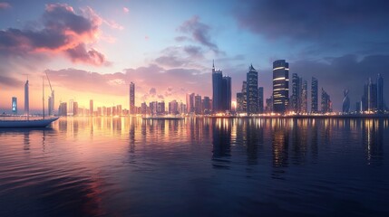 Obraz premium High-rise buildings skyline reflected in the water