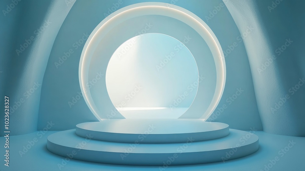 Poster Abstract background featuring a white circular tunnel podium Reflected light on the stage 3D rendering