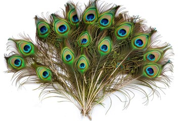 Obraz premium Bright green peacock feathers on white background top view