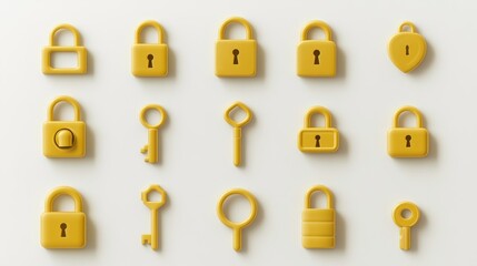 A Collection of Golden Padlocks and Keys in a 3D Design