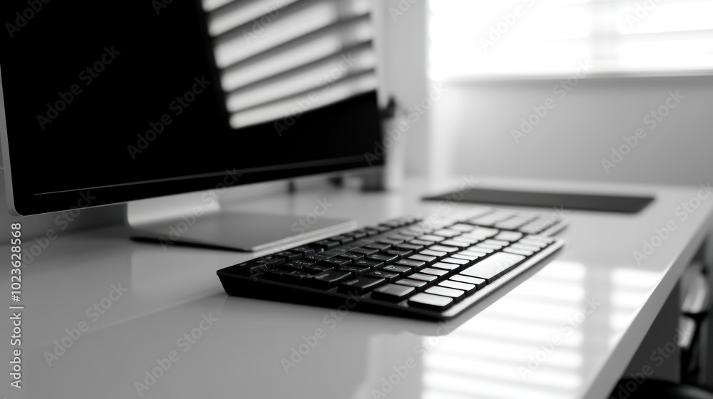 Aufkleber close-up of a black computer keyboard on a white desk