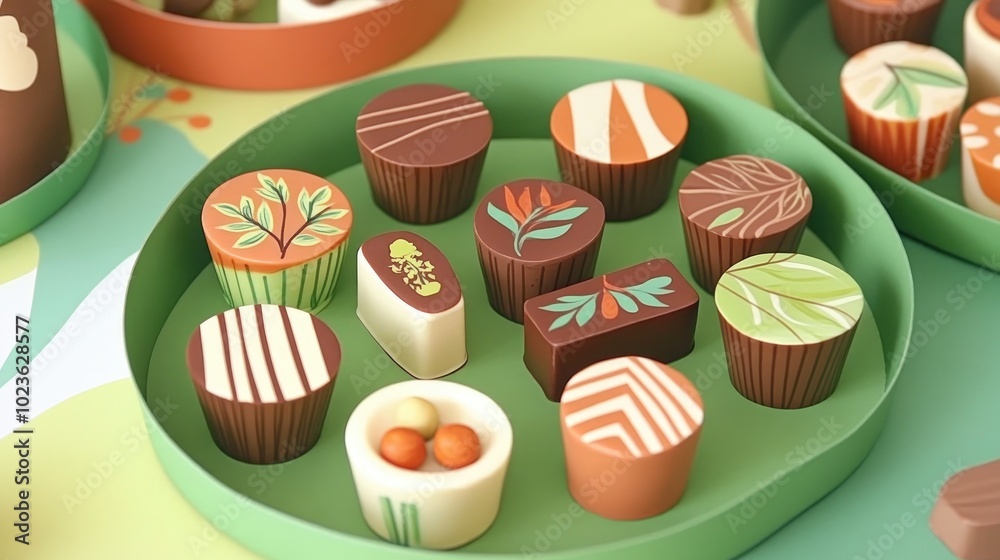 Poster assortment of delectable chocolates featuring diverse shapes and fillings offering a tempting variet