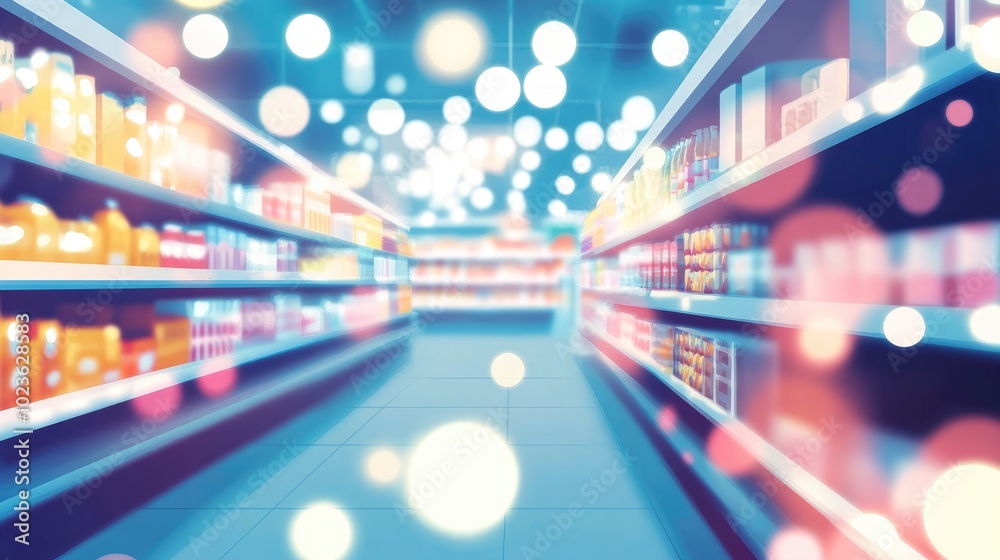 Aufkleber blurred supermarket background with bokeh lights blurry supermarket interior with bokeh effects groc