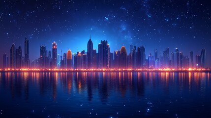 Panoramic view of the city from the sea horizon, evening with shining skyscrapers.