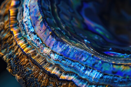 High magnification macro of blue abalone pearl shell with vivid iridescent layers.