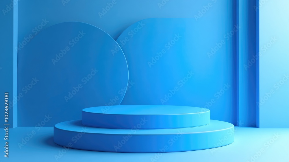 Poster 3d render of a podium for product presentation with a blue background