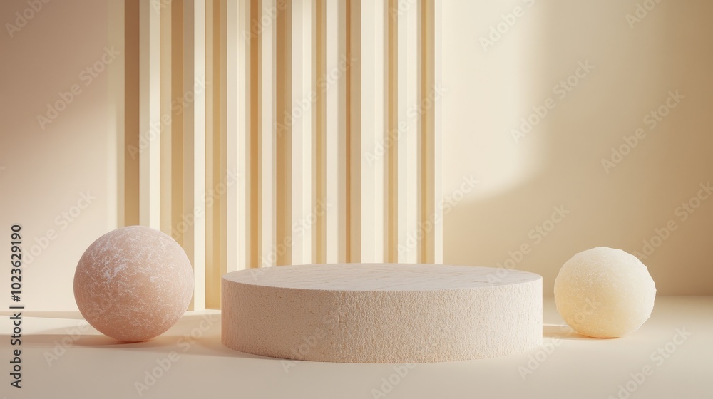 Poster abstract background featuring a vacant podium for product and cosmetic displays with a pastel cream 