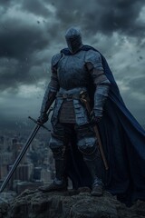 Fototapeta premium Majestic Knight in Blue Stoic Warrior Overlooking Cityscape in Stormy Weather - Medieval Fantasy Concept for Design Projects