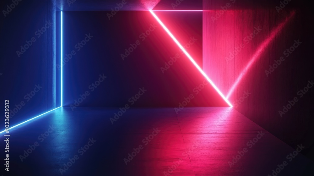 Poster Abstract Dark Wall With Red And Blue Cyber Light Bright Neon Glowing Rectangle For Technology And Wireless Internet Connection Conceptual Background For Website Banner Or Flyer