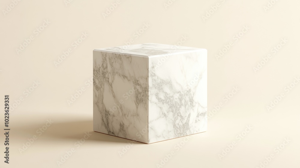 Poster 3D rendered cube shaped box in a marble texture on a minimal cream backdrop