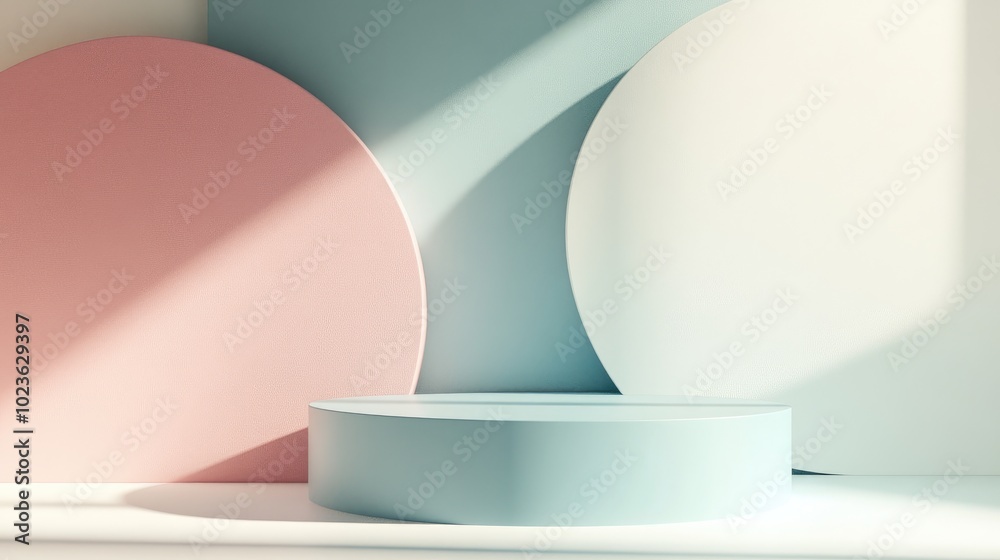 Aufkleber 3D rendering of an abstract geometric shape background featuring a pastel blue podium in a minimalist design